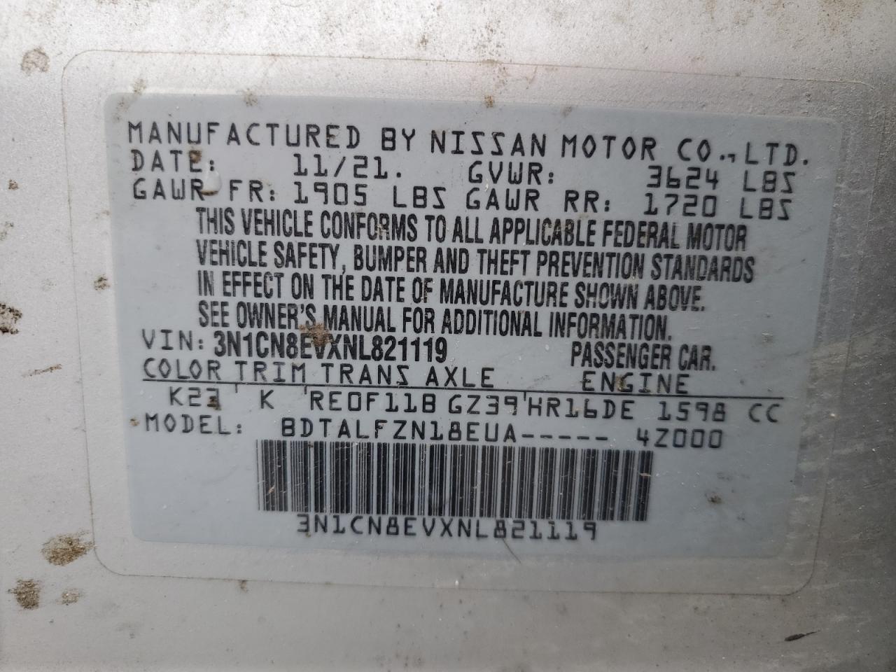 3N1CN8EVXNL821119 2022 Nissan Versa Sv