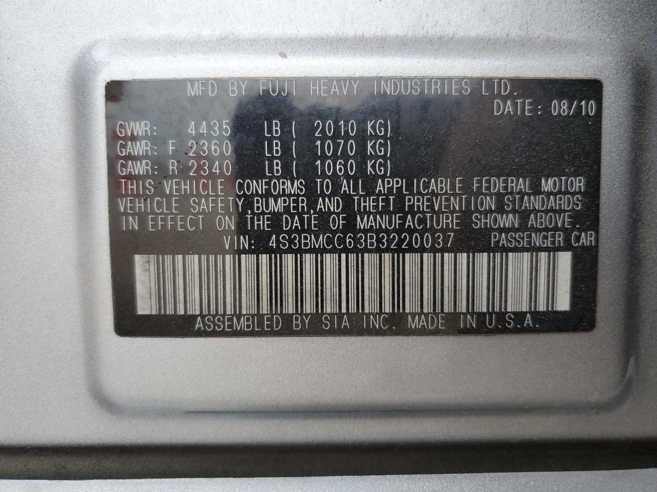 4S3BMCC63B3220037 2011 Subaru Legacy 2.5I Premium