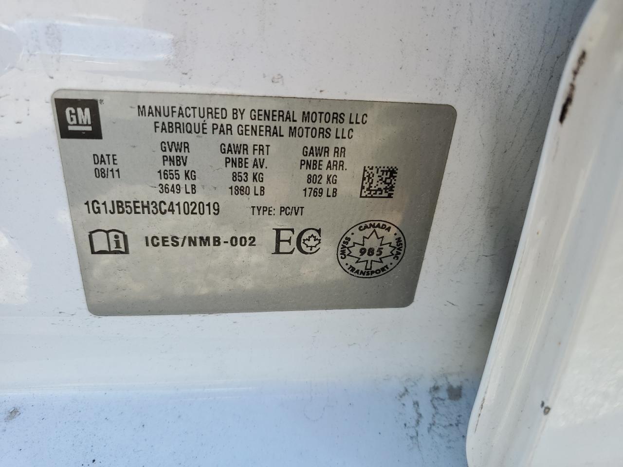 1G1JB5EH3C4102019 2012 Chevrolet Sonic Ls