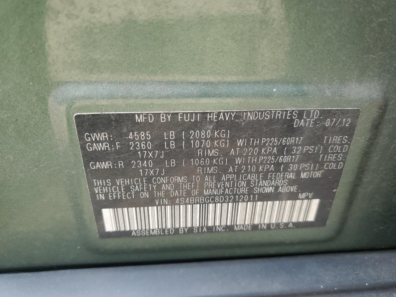 4S4BRBGC8D3212011 2013 Subaru Outback 2.5I Premium