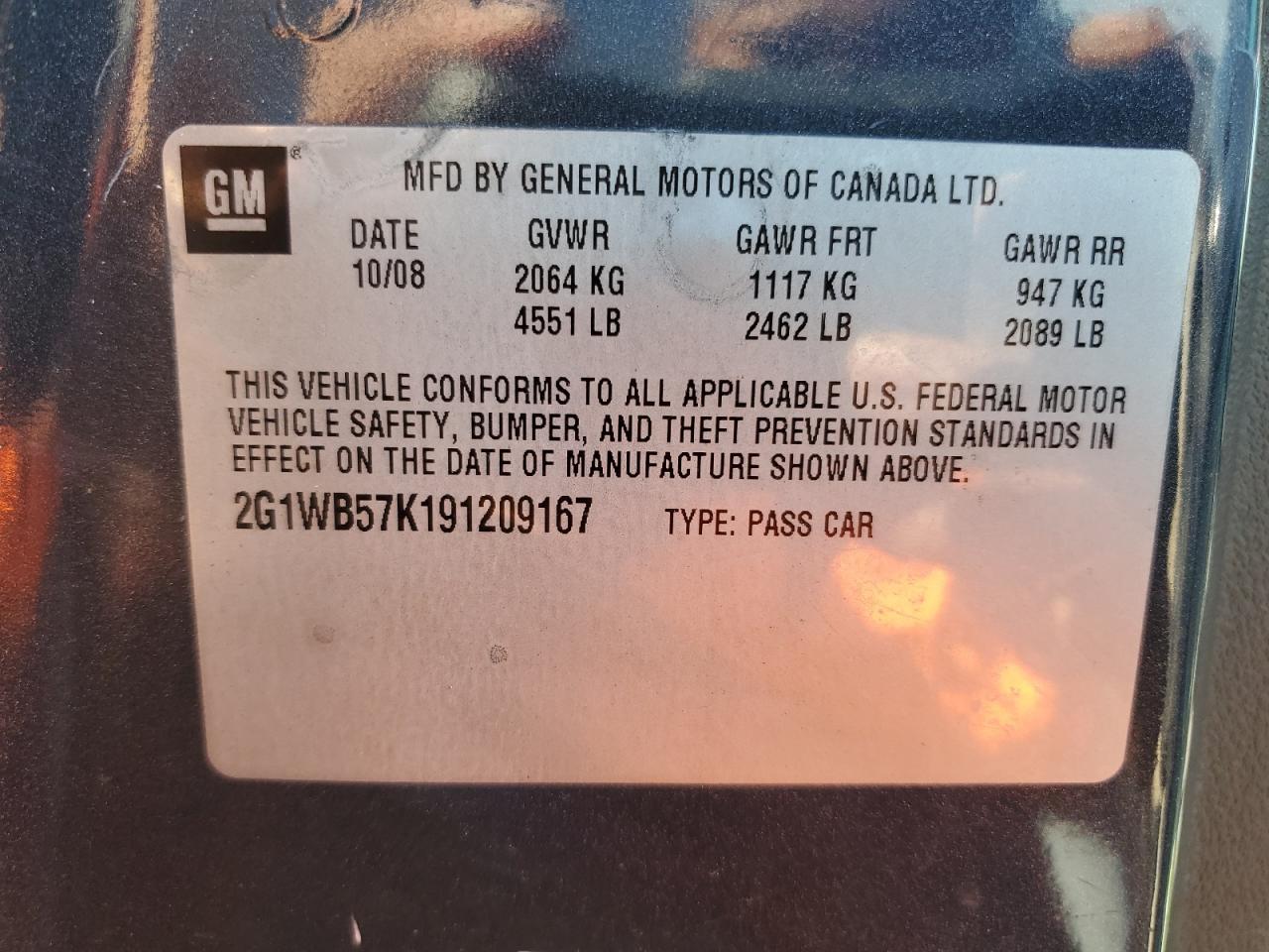 2G1WB57K191209167 2009 Chevrolet Impala Ls