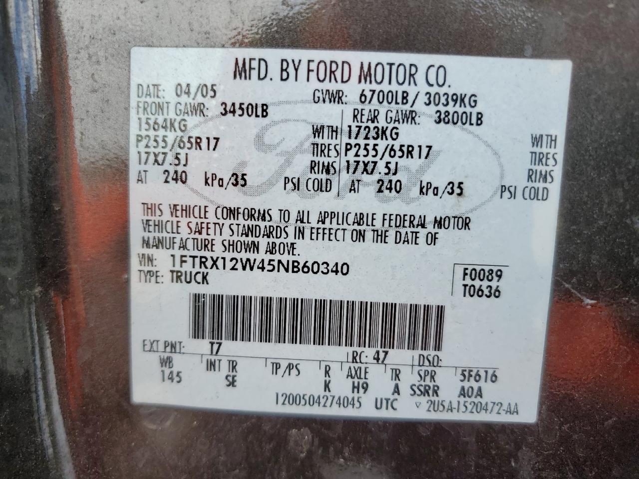 1FTRX12W45NB60340 2005 Ford F150