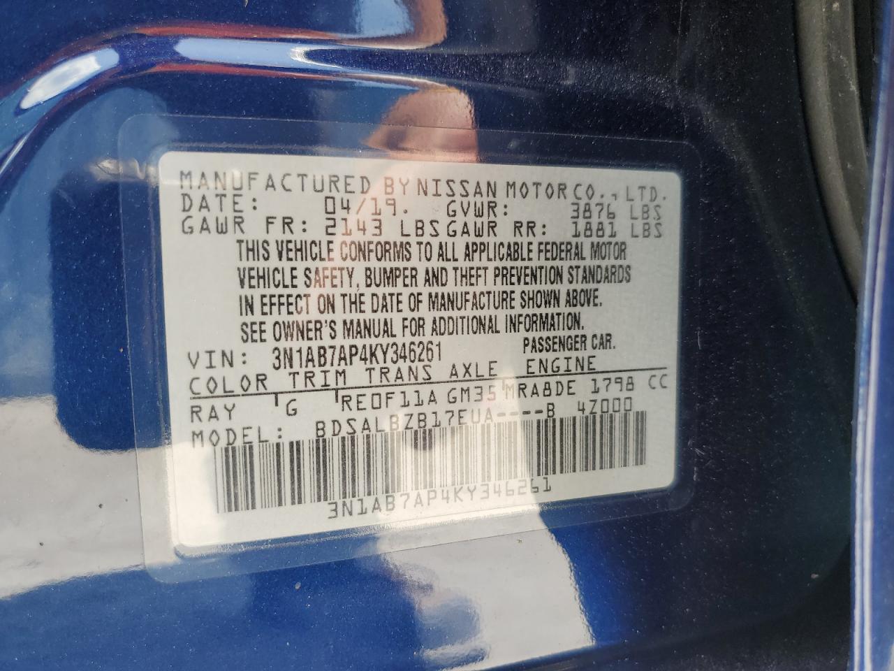 3N1AB7AP4KY346261 2019 Nissan Sentra S