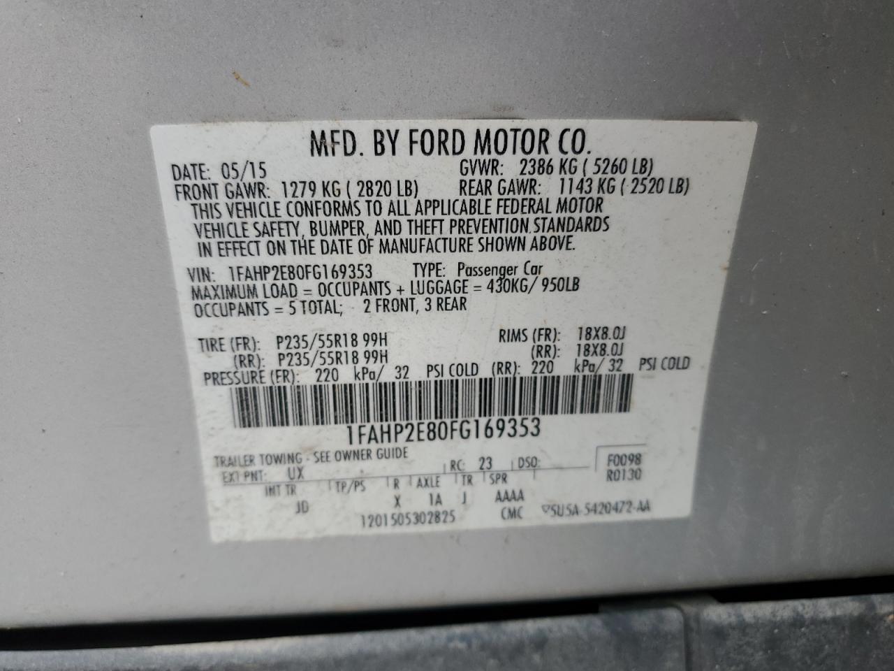 1FAHP2E80FG169353 2015 Ford Taurus Sel