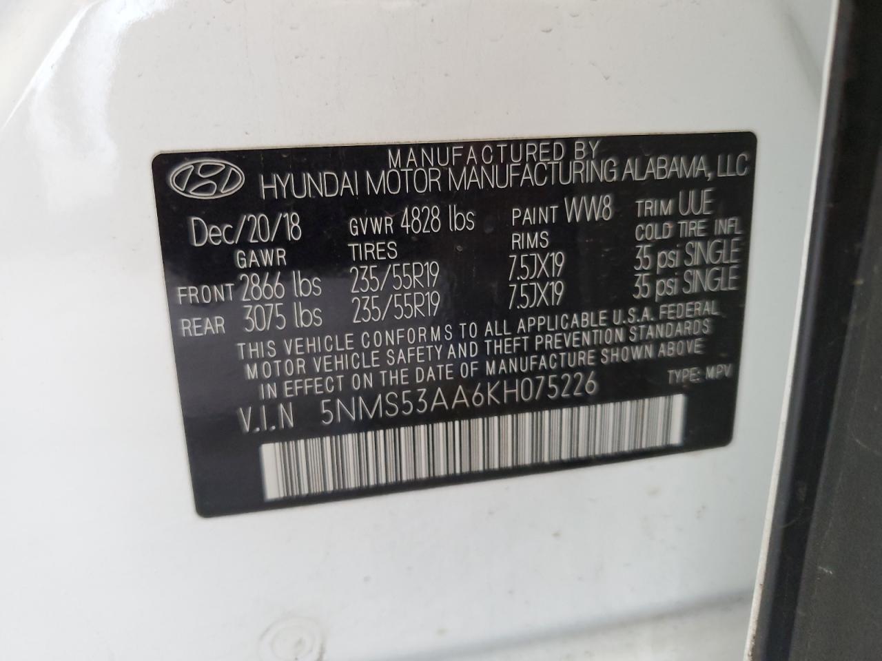 5NMS53AA6KH075226 2019 Hyundai Santa Fe Limited