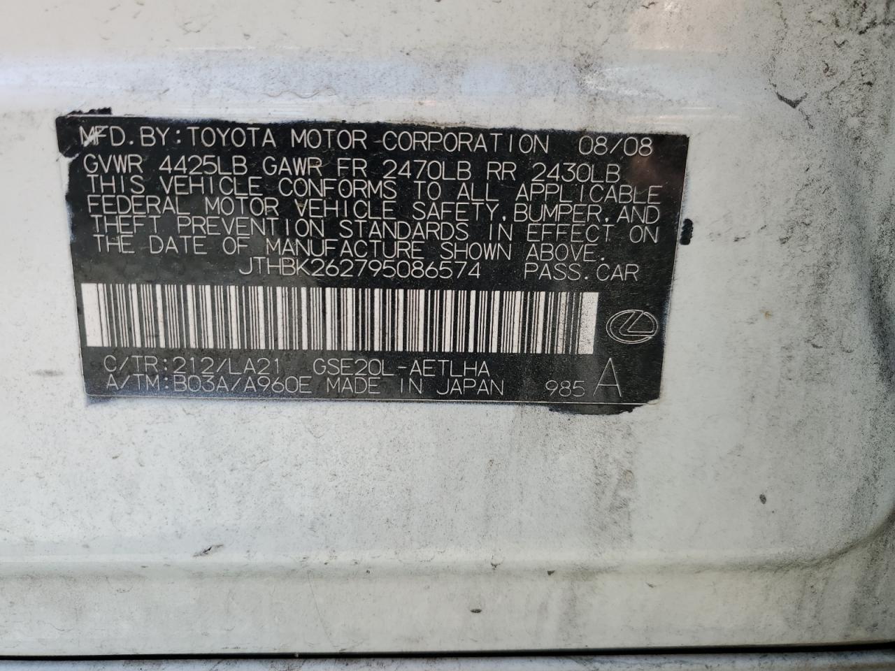 JTHBK262795086574 2009 Lexus Is 250