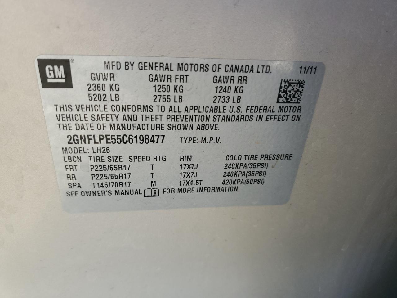 2GNFLPE55C6198477 2012 Chevrolet Equinox Lt