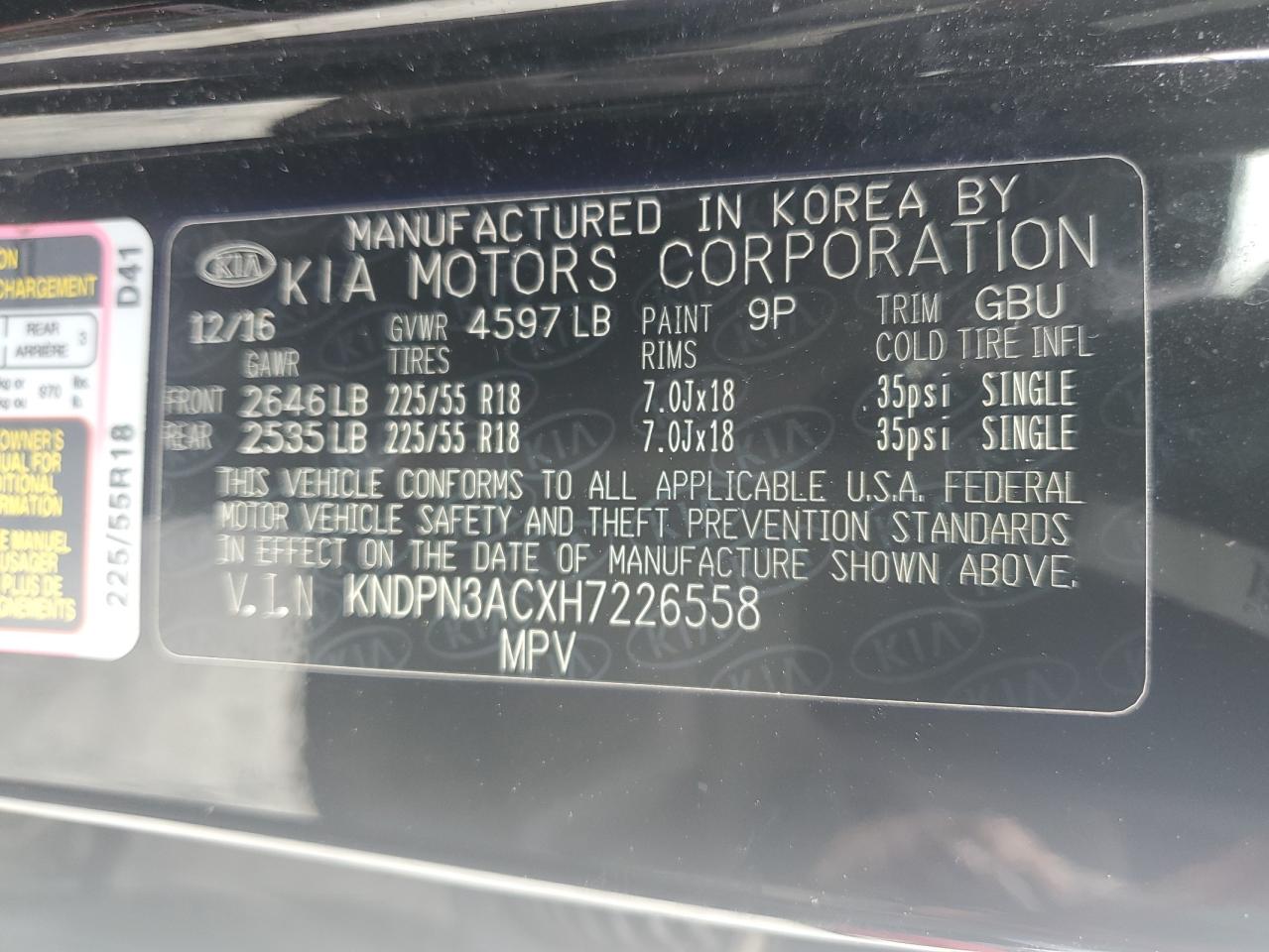 KNDPN3ACXH7226558 2017 Kia Sportage Ex