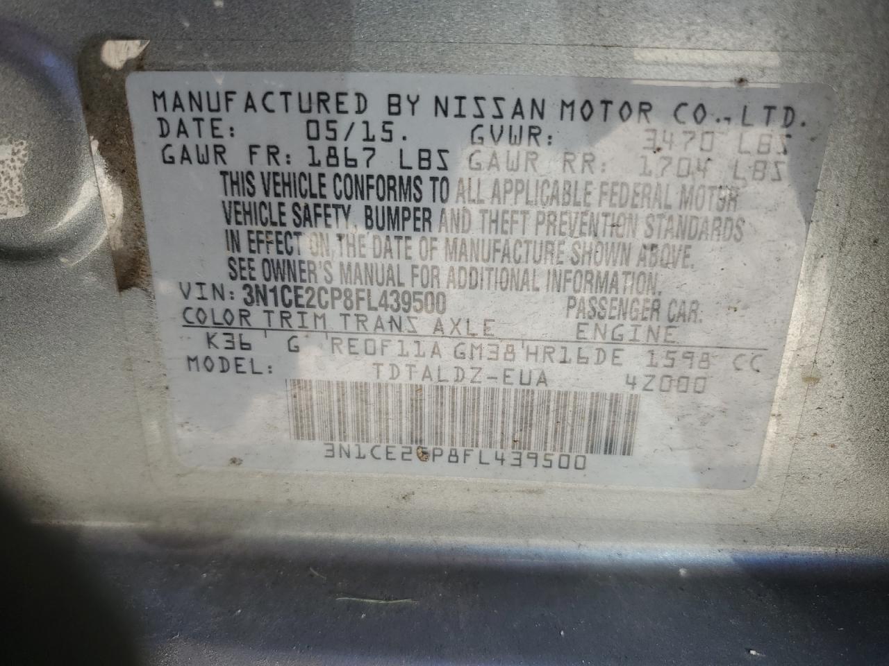 3N1CE2CP8FL439500 2015 Nissan Versa Note S