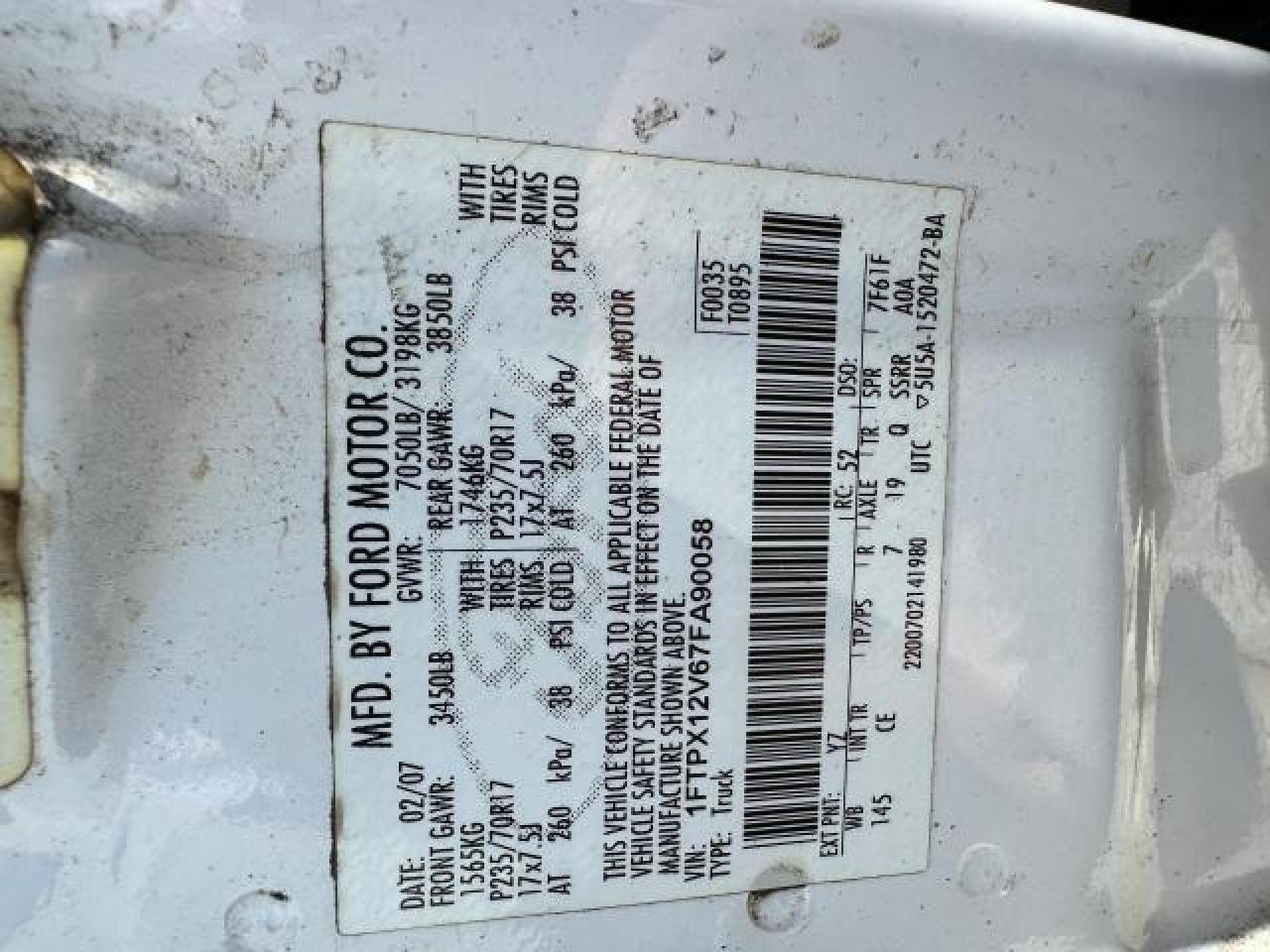 1FTPX12V67FA90058 2007 Ford F150