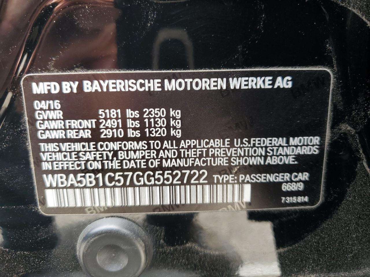 WBA5B1C57GG552722 2016 BMW 535 I