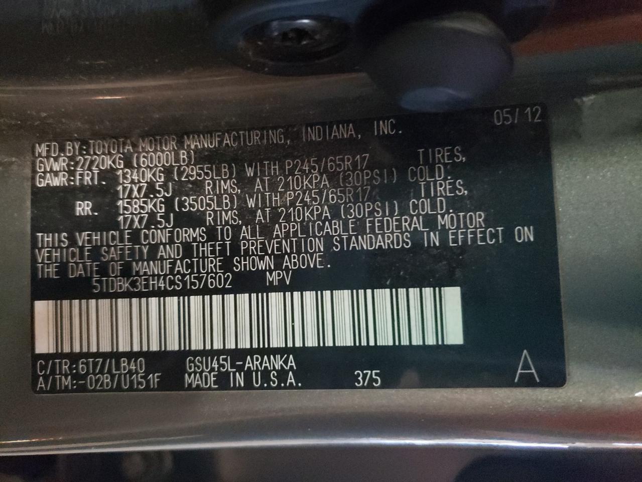 5TDBK3EH4CS157602 2012 Toyota Highlander Base