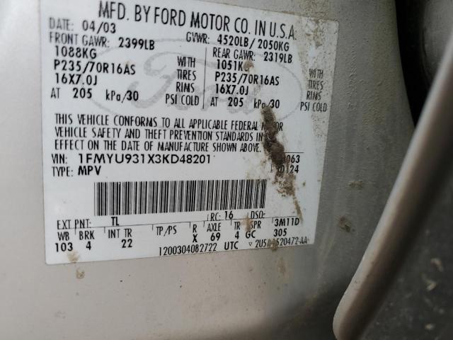 2003 Ford Escape Xlt VIN: 1FMYU931X3KD48201 Lot: 58823174