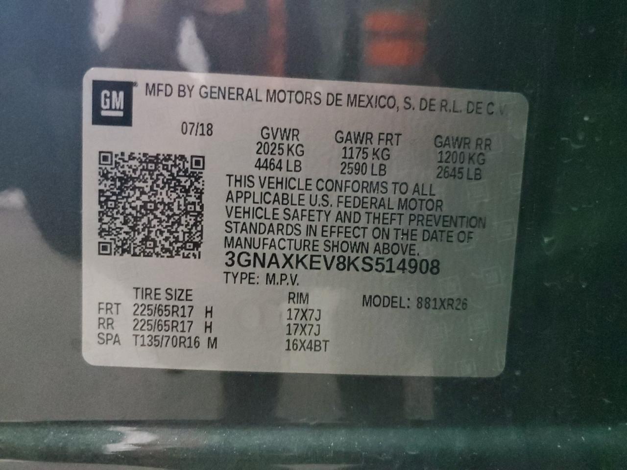 3GNAXKEV8KS514908 2019 Chevrolet Equinox Lt