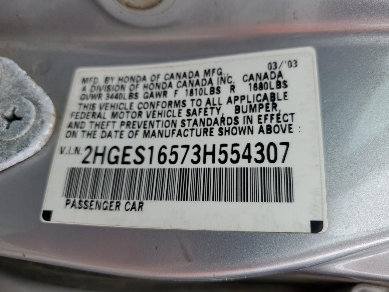 2HGES16573H554307 2003 Honda Civic Lx