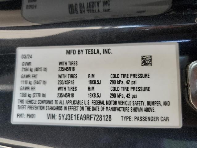 2024 Tesla Model 3 VIN: 5YJ3E1EA9RF728128 Lot: 57976294