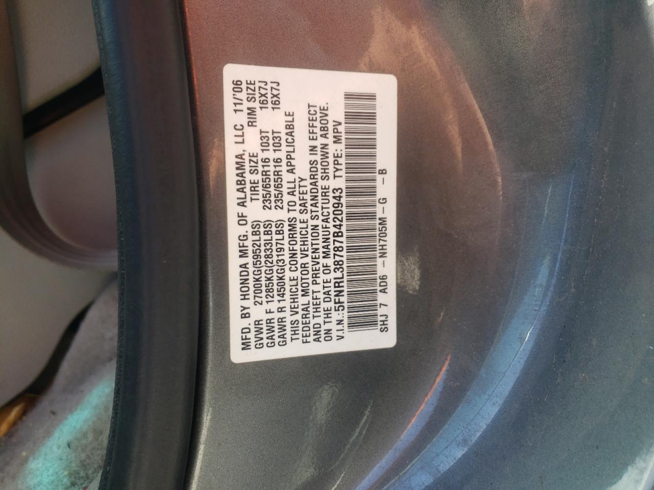 5FNRL38787B420943 2007 Honda Odyssey Exl