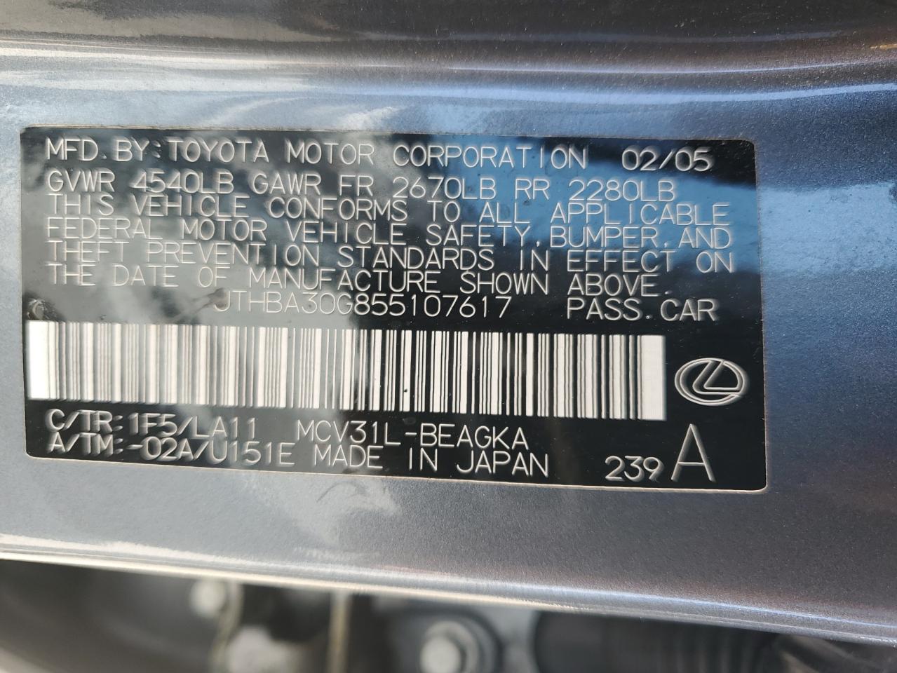 JTHBA30G855107617 2005 Lexus Es 330