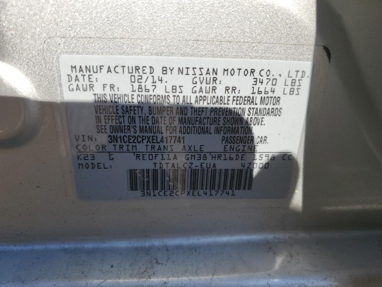 3N1CE2CPXEL417741 2014 Nissan Versa Note S
