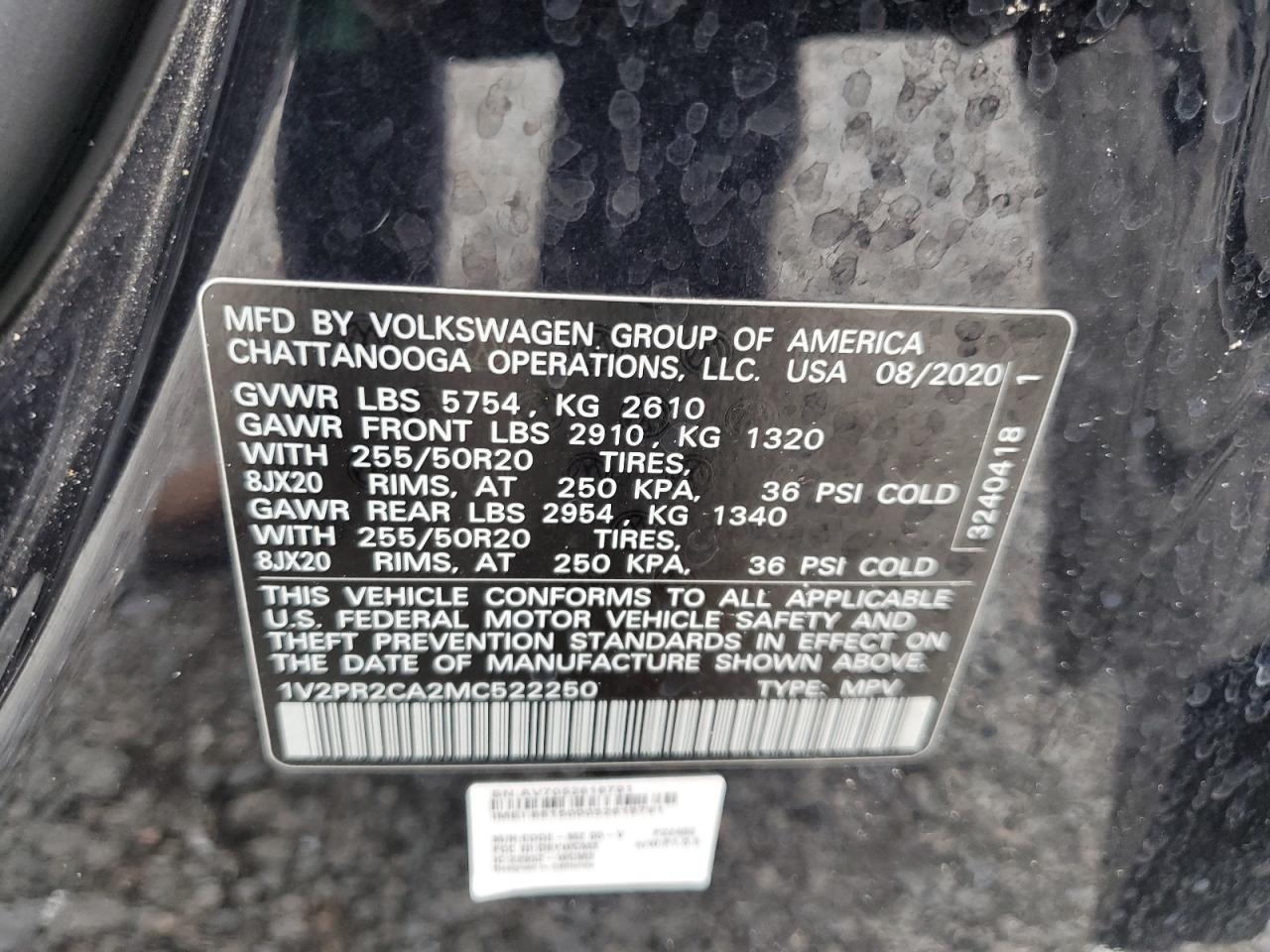 1V2PR2CA2MC522250 2021 Volkswagen Atlas Se