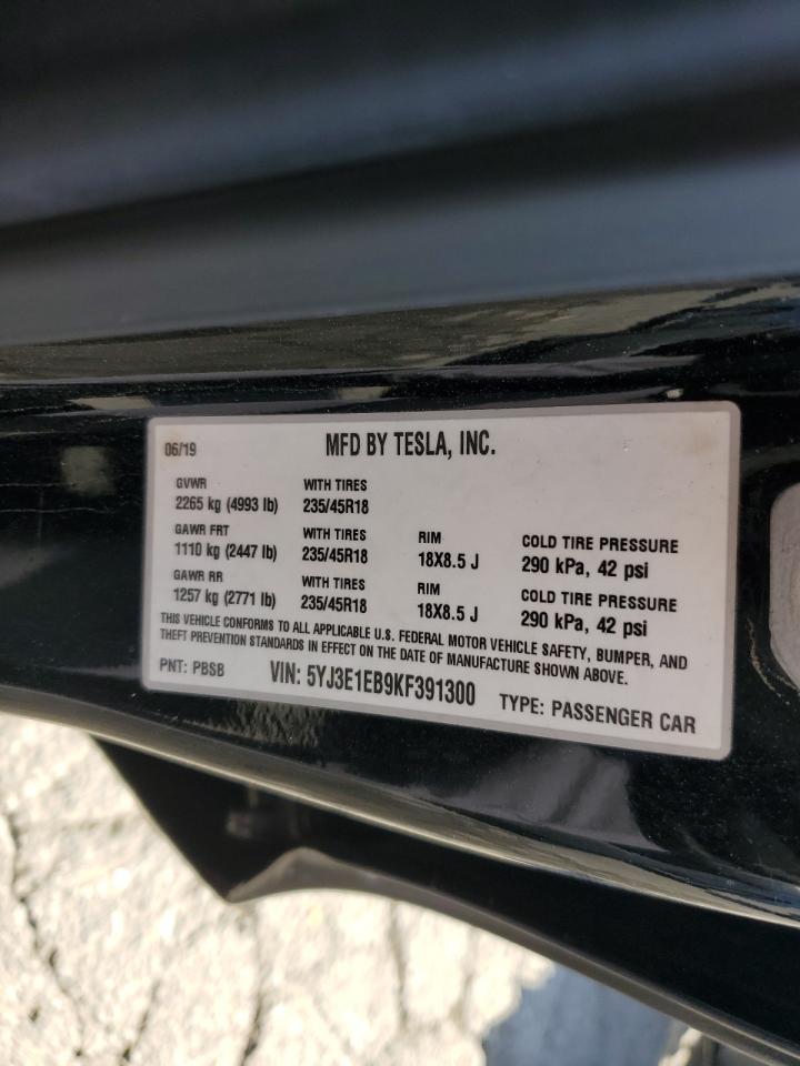 5YJ3E1EB9KF391300 2019 Tesla Model 3