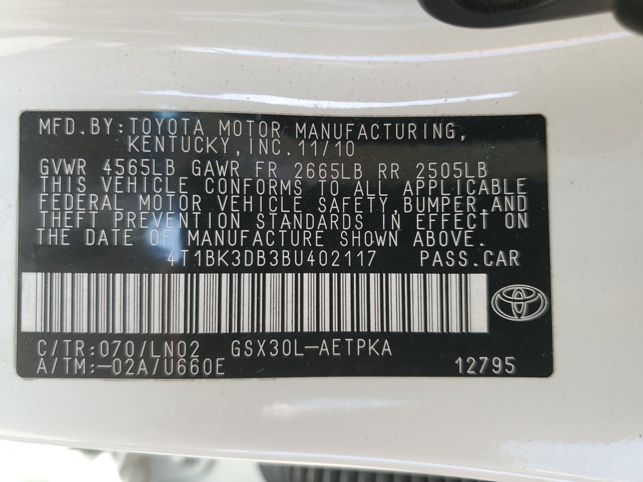 4T1BK3DB3BU402117 2011 Toyota Avalon Base