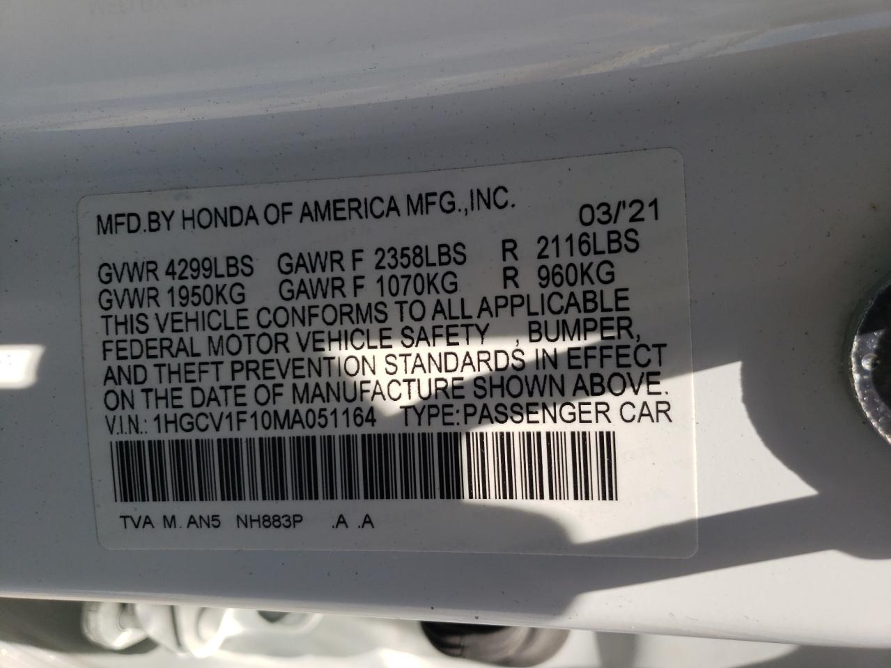 1HGCV1F10MA051164 2021 Honda Accord Lx