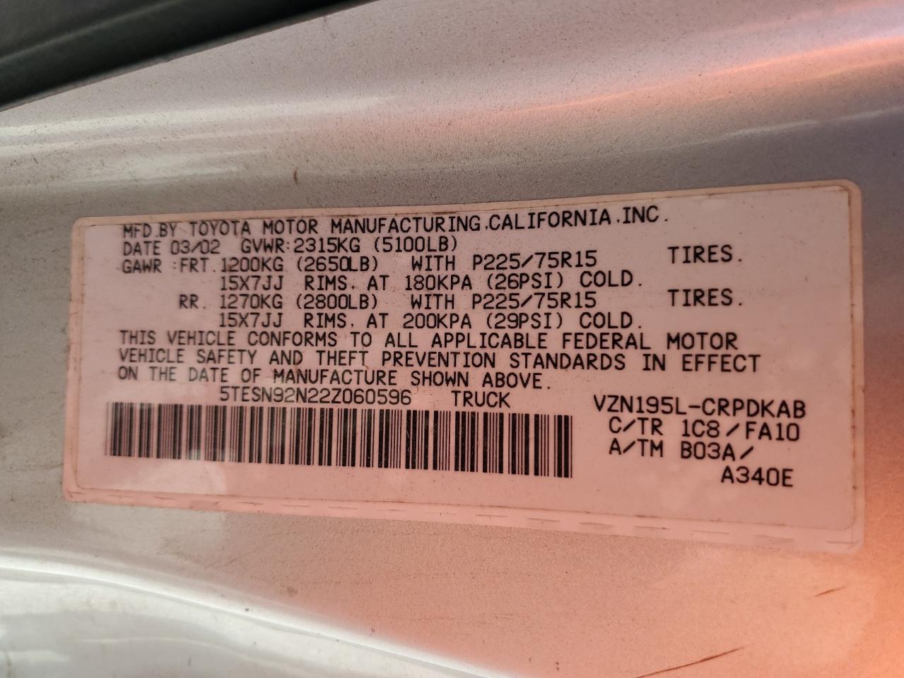 5TESN92N22Z060596 2002 Toyota Tacoma Xtracab Prerunner