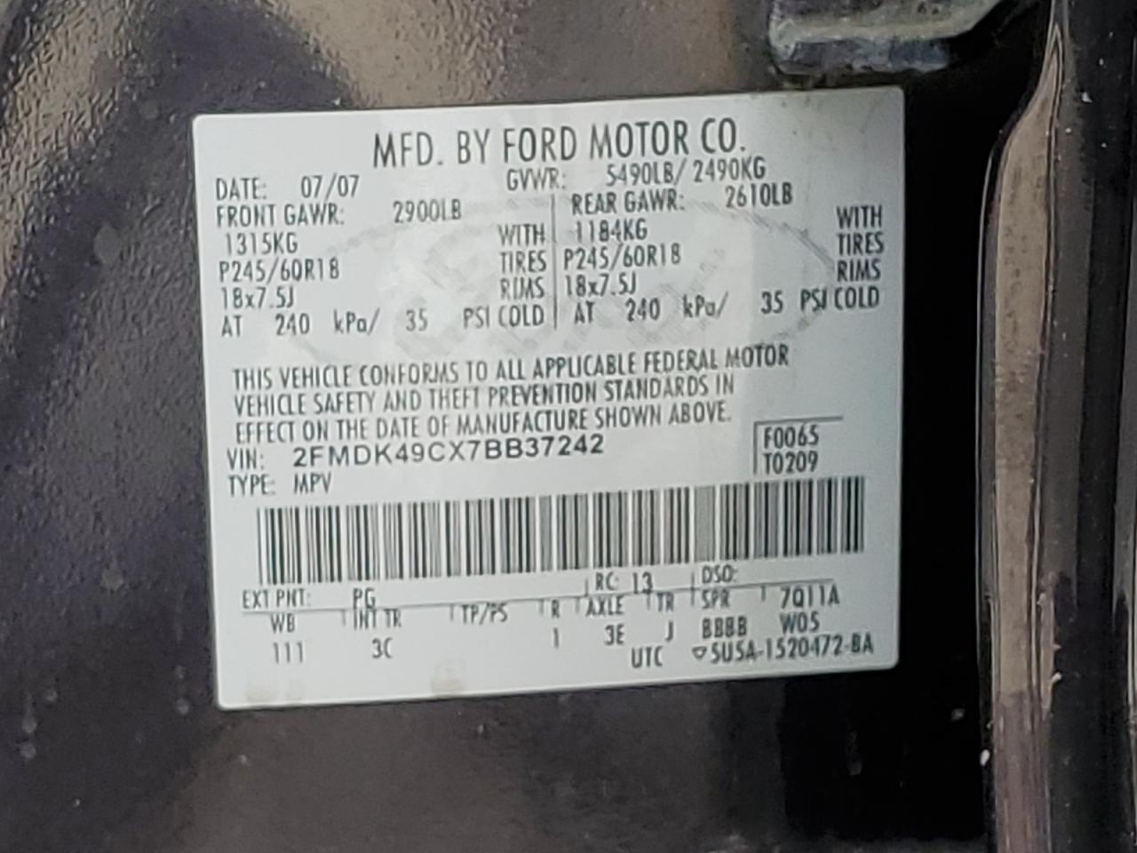 2FMDK49CX7BB37242 2007 Ford Edge Sel Plus