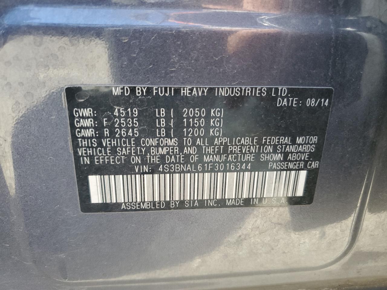 4S3BNAL61F3016344 2015 Subaru Legacy 2.5I Limited