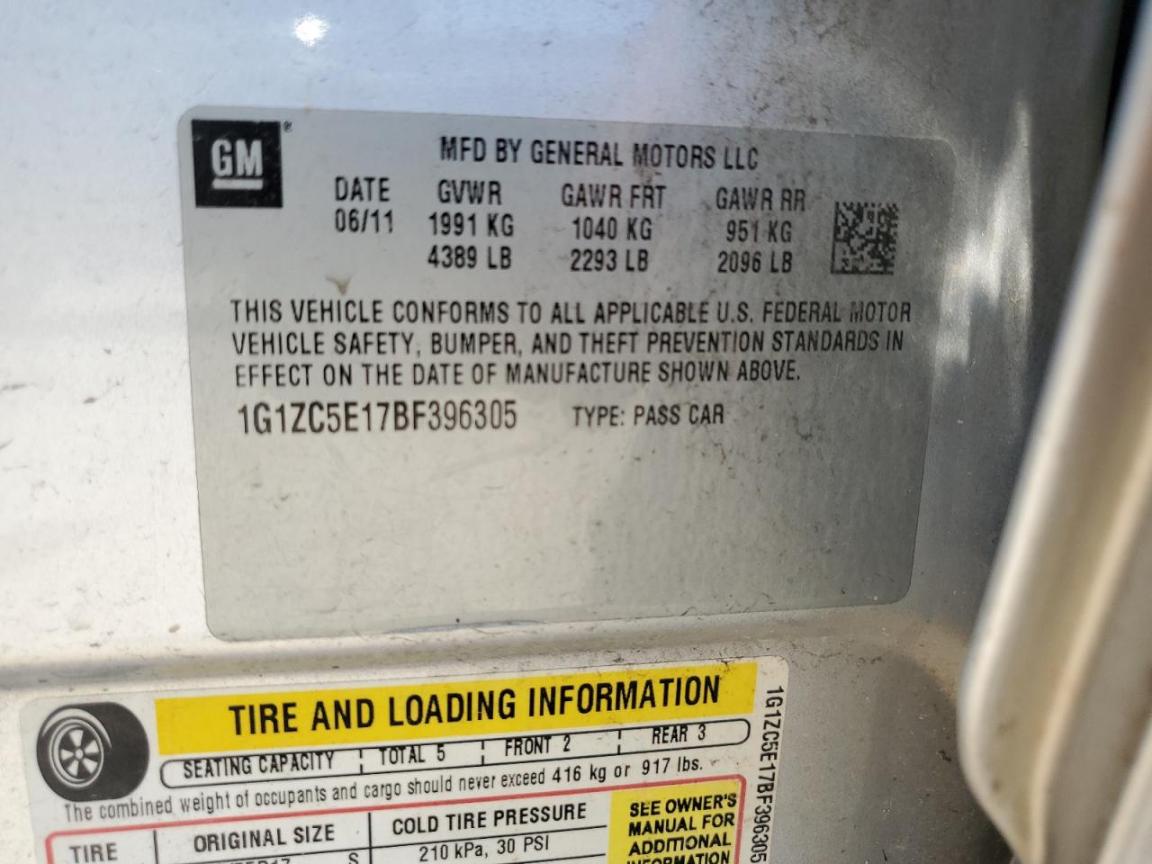 1G1ZC5E17BF396305 2011 Chevrolet Malibu 1Lt