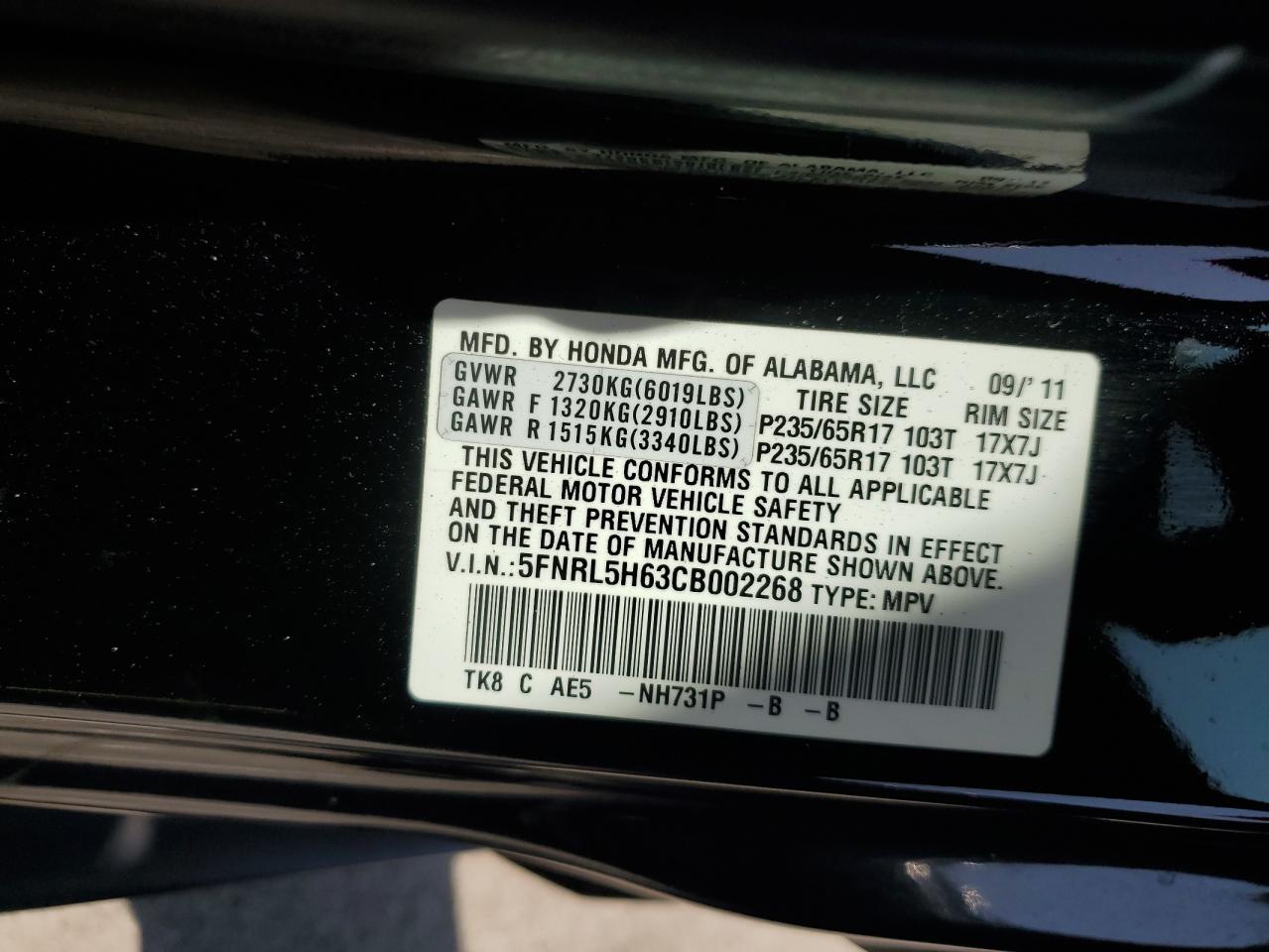 5FNRL5H63CB002268 2012 Honda Odyssey Exl