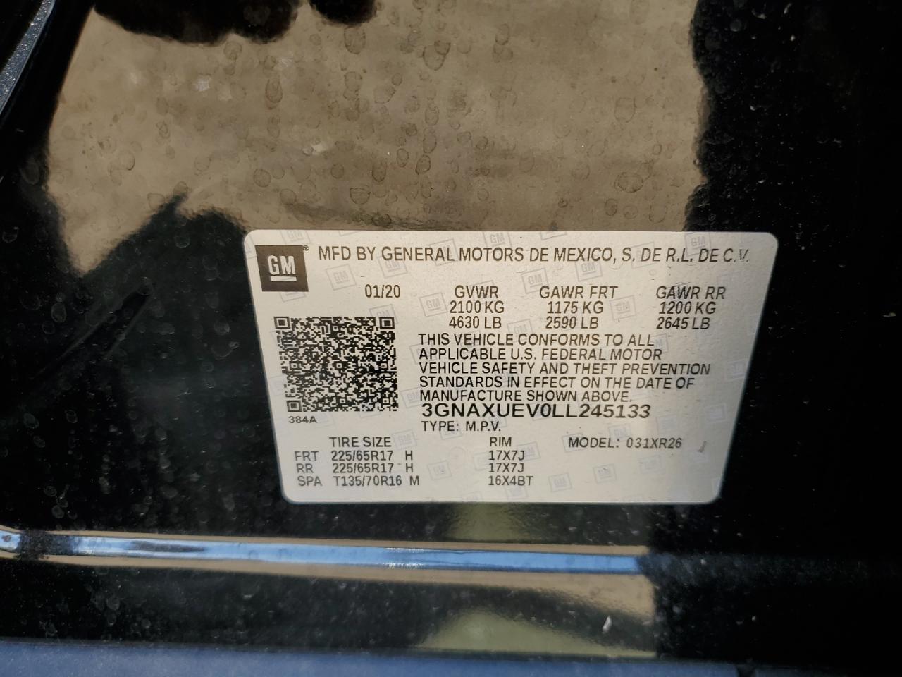 3GNAXUEV0LL245133 2020 Chevrolet Equinox Lt