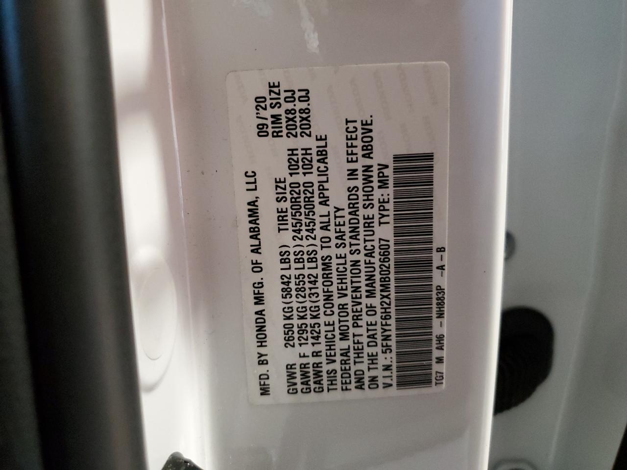 5FNYF6H2XMB026607 2021 Honda Pilot Se