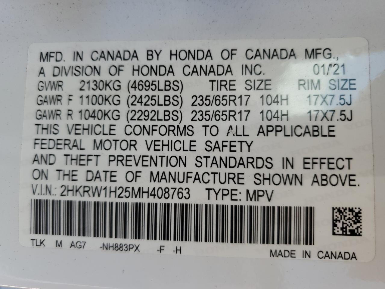 2HKRW1H25MH408763 2021 Honda Cr-V Lx