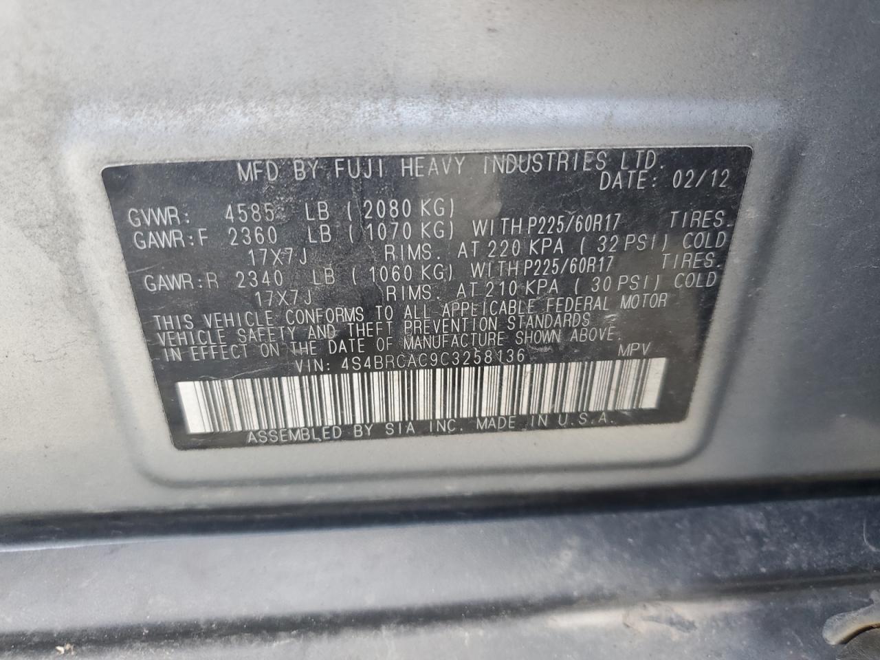 4S4BRCAC9C3258136 2012 Subaru Outback 2.5I