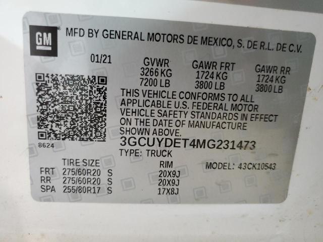 2021 CHEVROLET SILVERADO - 3GCUYDET4MG231473