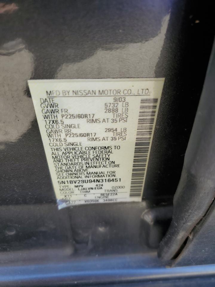 5N1BV28U94N316451 2004 Nissan Quest S