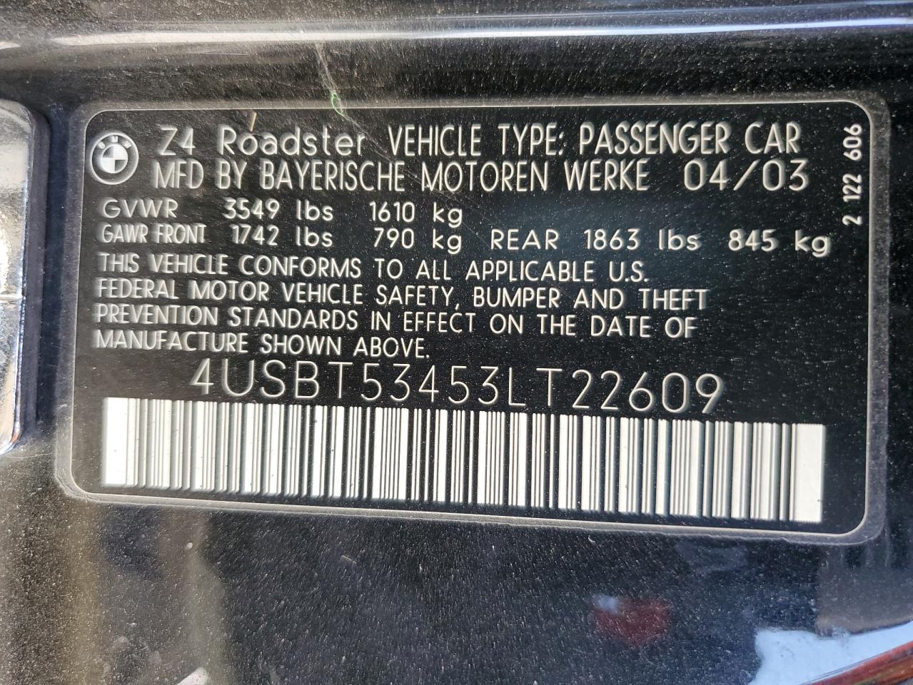 4USBT53453LT22609 2003 BMW Z4 3.0