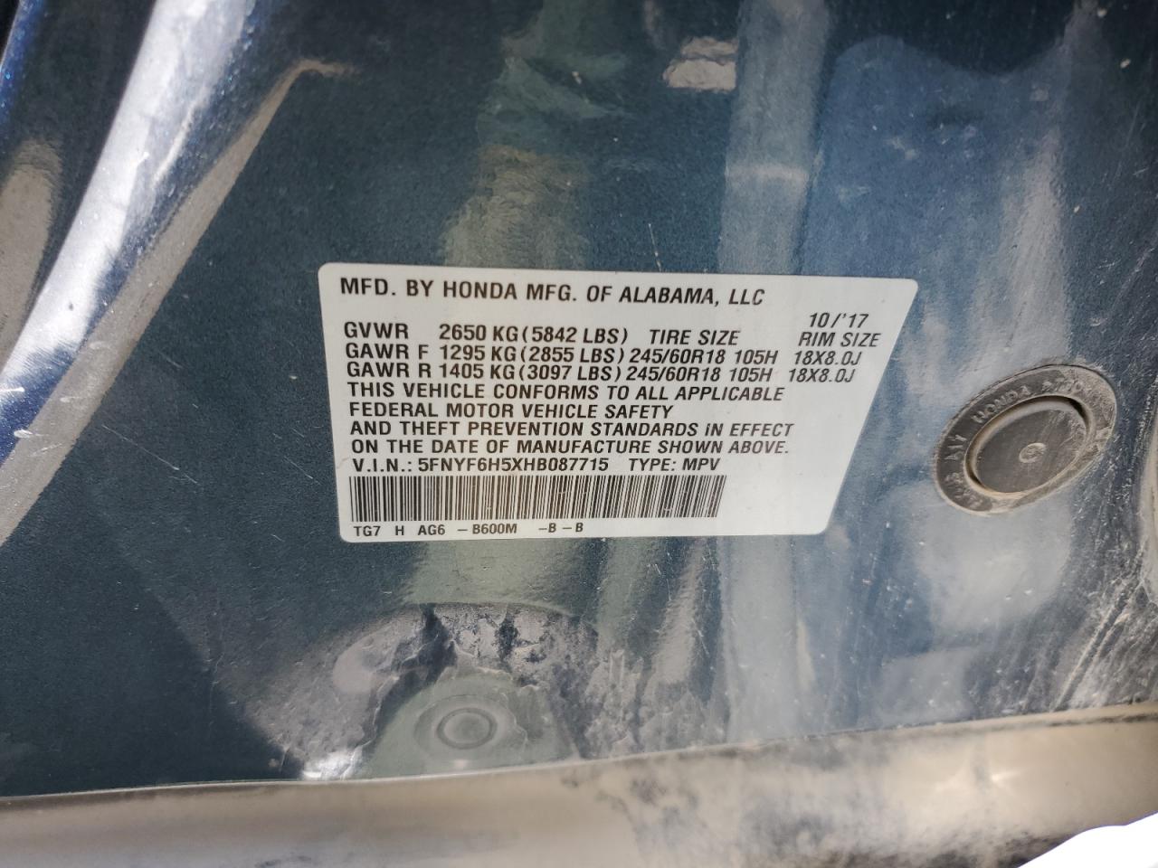 5FNYF6H5XHB087715 2017 Honda Pilot Exl