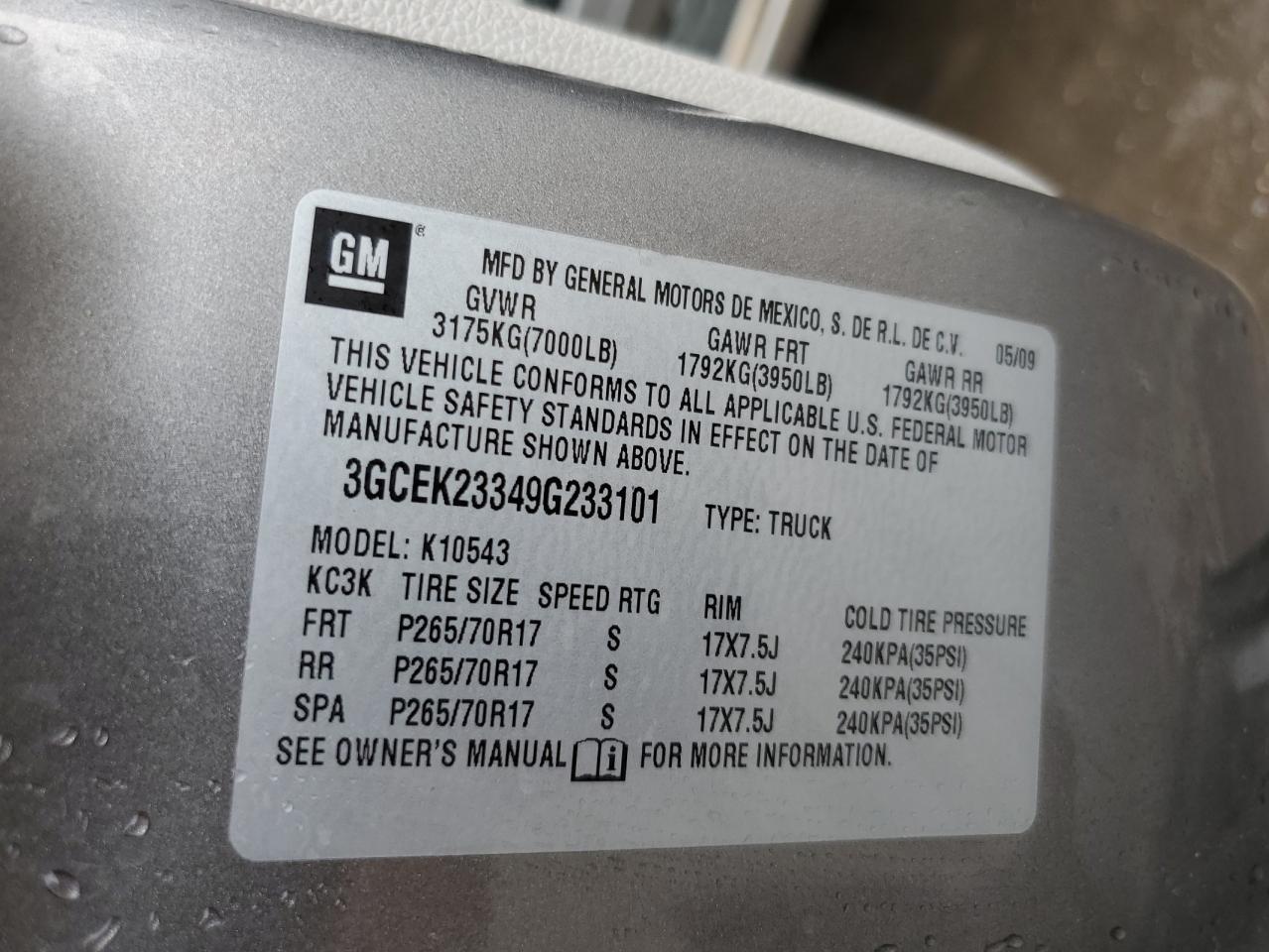 3GCEK23349G233101 2009 Chevrolet Silverado K1500 Lt