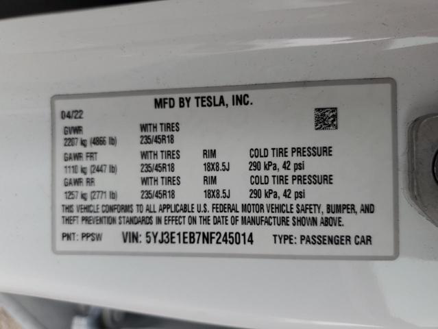 2022 Tesla Model 3 VIN: 5YJ3E1EB7NF245014 Lot: 57440014