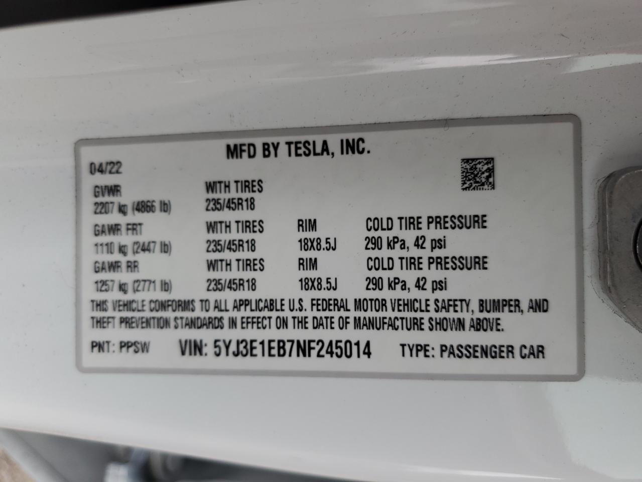 5YJ3E1EB7NF245014 2022 Tesla Model 3