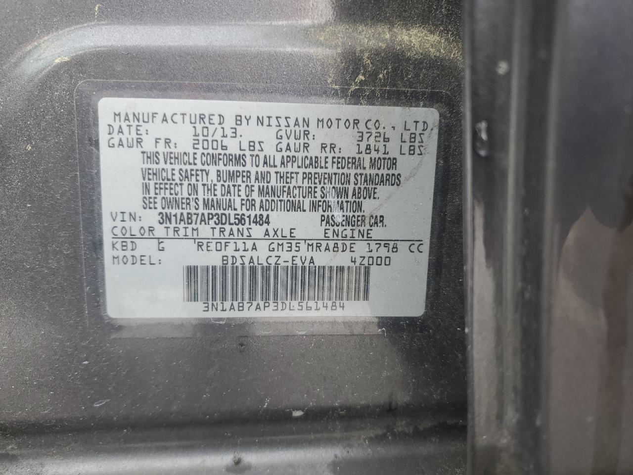 3N1AB7AP3DL561484 2013 Nissan Sentra S