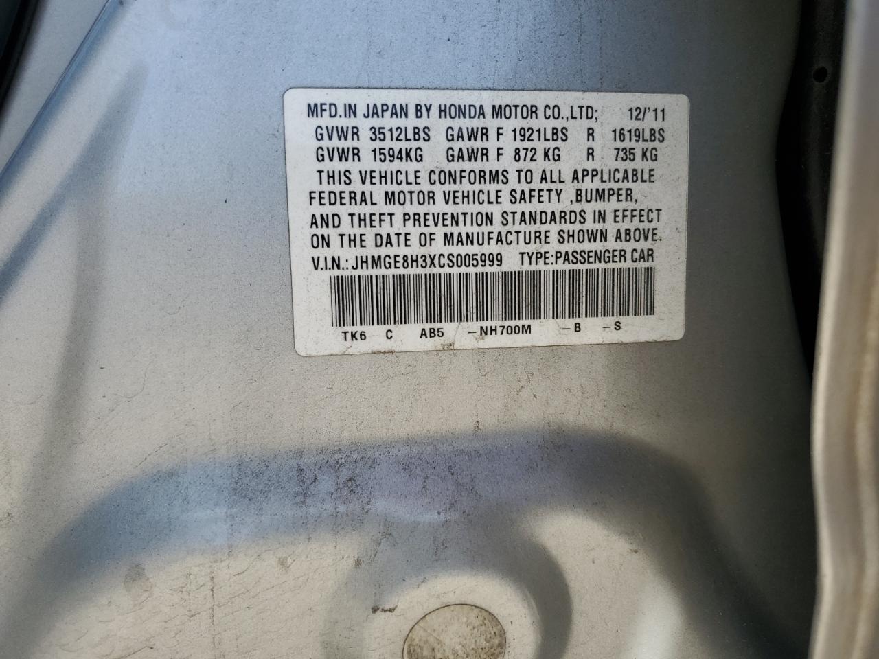 JHMGE8H3XCS005999 2012 Honda Fit