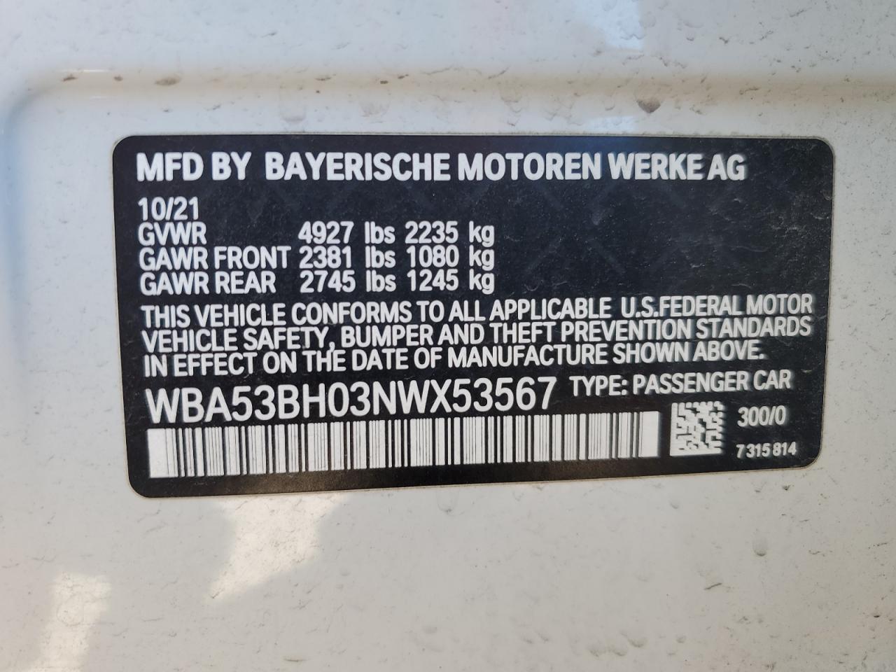 WBA53BH03NWX53567 2022 BMW 530 I