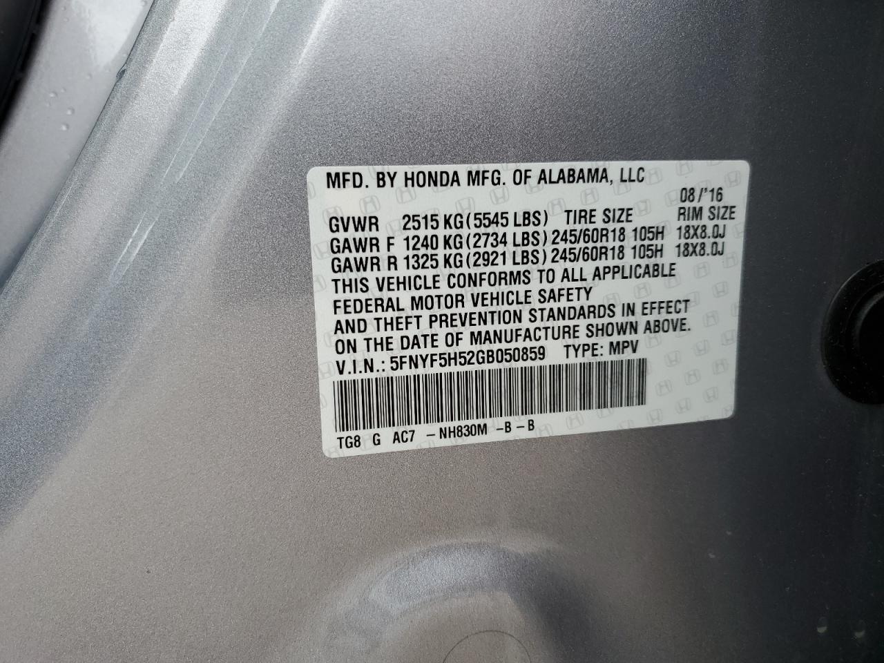 5FNYF5H52GB050859 2016 Honda Pilot Exl