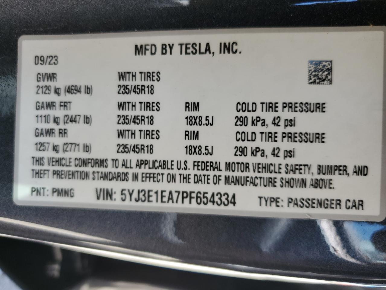 2023 Tesla Model 3 vin: 5YJ3E1EA7PF654334