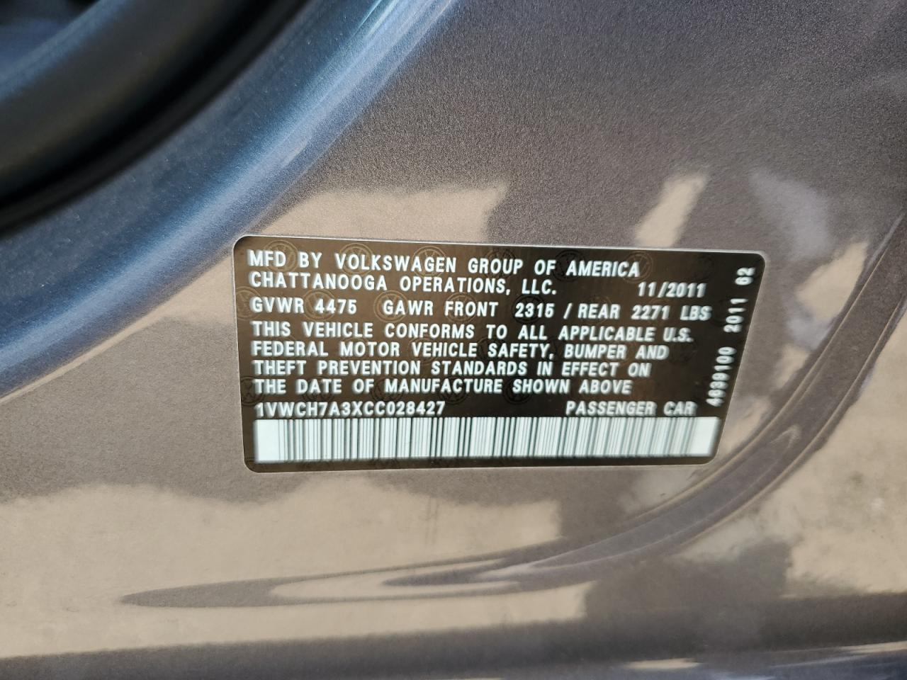 1VWCH7A3XCC028427 2012 Volkswagen Passat Sel