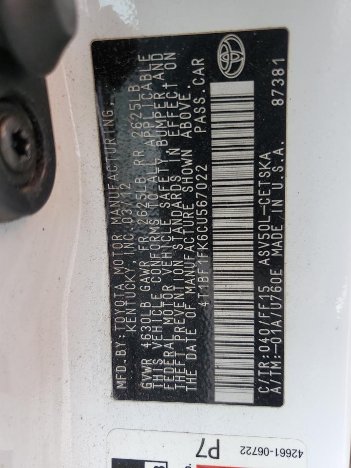 4T1BF1FK6CU567022 2012 Toyota Camry Base